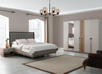 Schlafzimmer Moderne Garnitur Textil Doppelbett Holz Kleiderschrank 4tlg